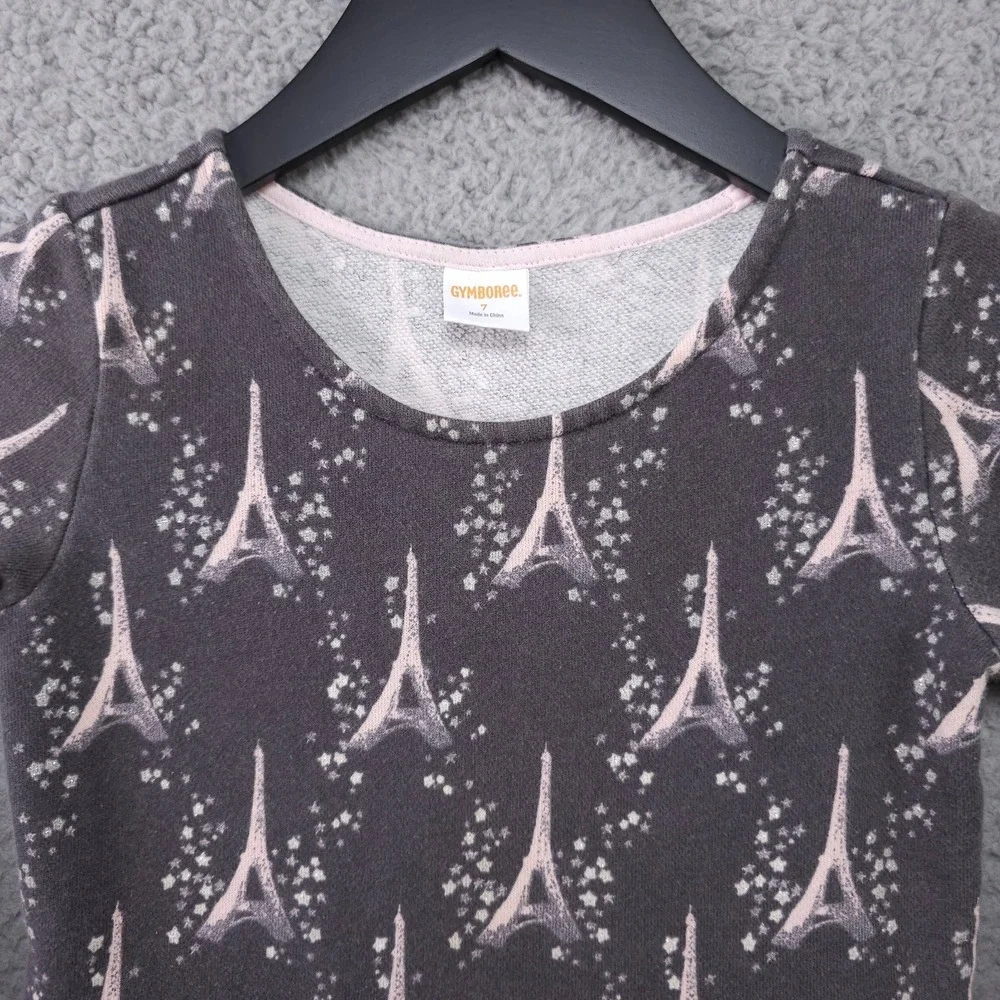 Gymboree Starry Night Dress Girls 7 Gray Pink Eiffel Tower Long Sleeve Terry